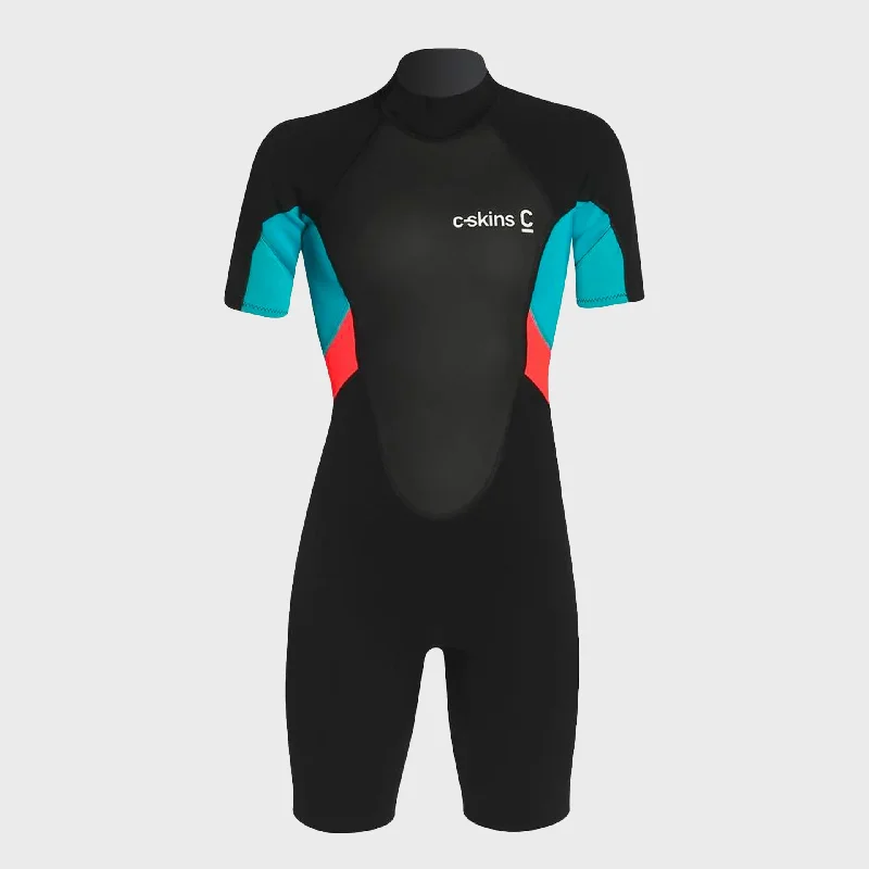 comfortable wetsuits for water sports-C-Skins Element 3/2 Womens Shortie Wetsuit - Black/Coral/Aqua