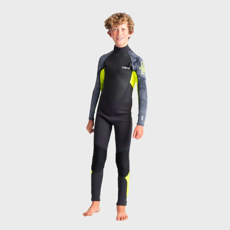 wetsuits for longer endurance in cold water-C-Skins Element 3/2 Junior Kids Wetsuit- Anthracite/Yellow/Black Tie Dye