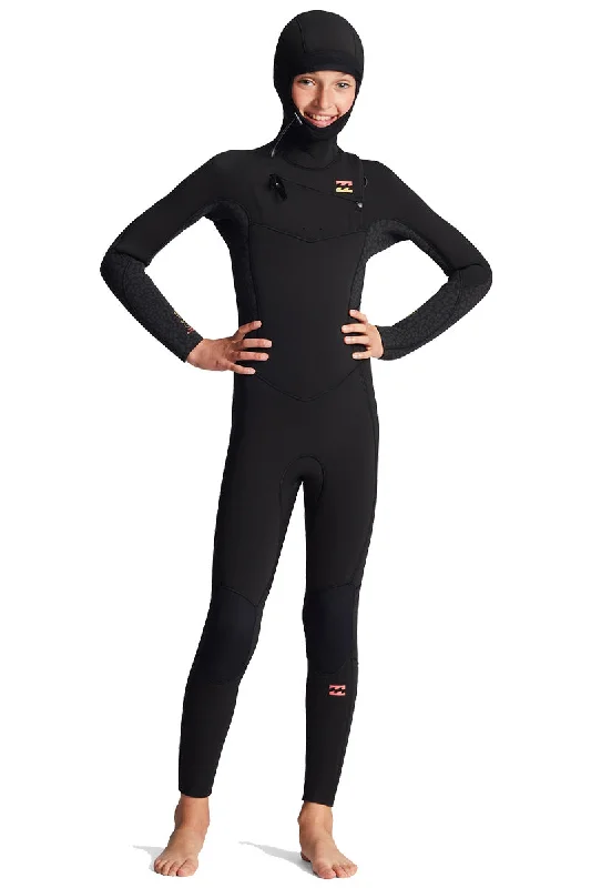 high-performance wetsuits for surfing-Billabong Girl's 5/4 Synergy CZ Hooded Wetsuit - Wild Black